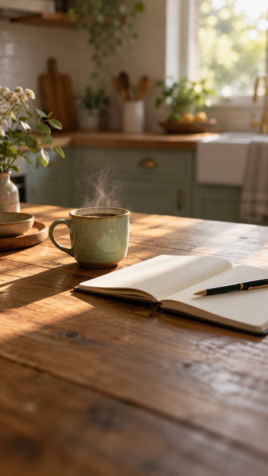 Kaffee und ein aufgeschlagenes Notizbuch auf einem Holztisch am Morgen