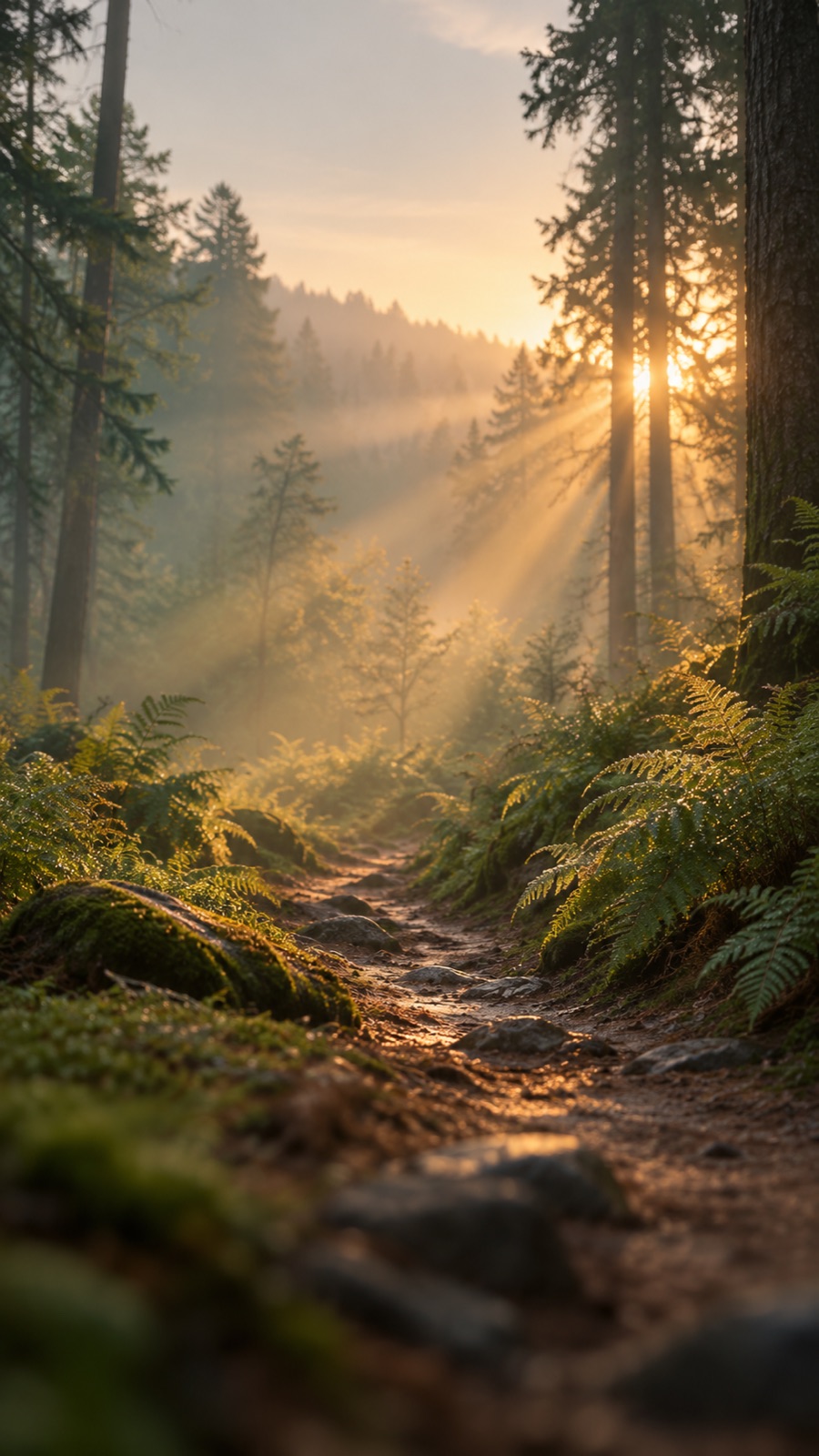 Ein Pfad durch einen Wald im Morgenlicht
