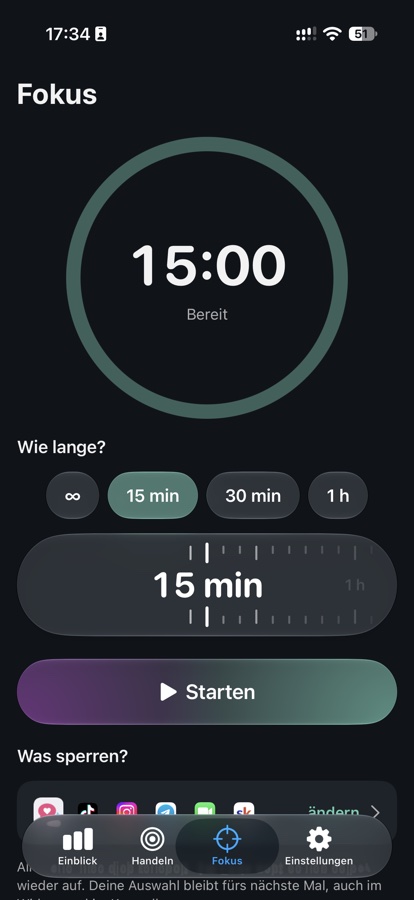 GrowTime-Bildschirm Fokus: Timer auf 15 Minuten gestellt, bereit zum Starten